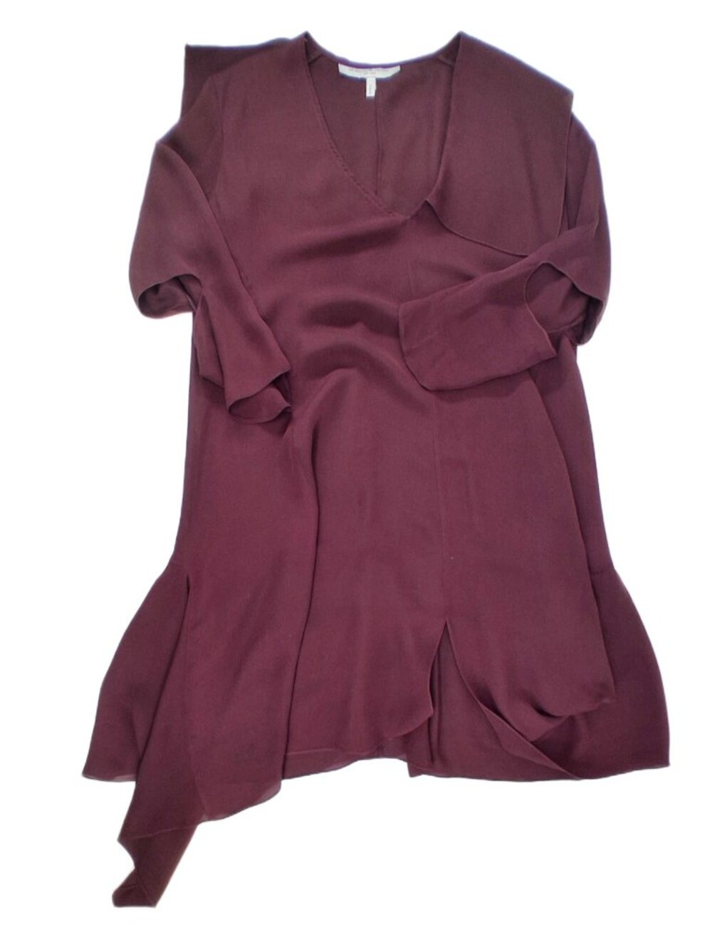 Morgane Le Fay Burgundy Silk Asymmetric V-Neck Draped Handkerchief Hem Dress M - Picture 6 of 15